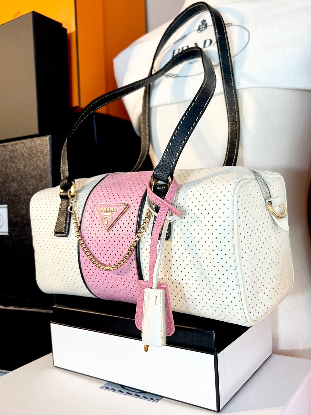 Prada⭐️Black & Pink Perforated Vitello Drive Leather Bowling Bag! Offers welcome